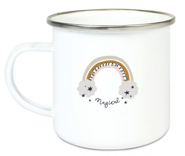 ♥ zauberhafte Tasse Emailletasse Becher Einhorn Regenbogen Wunschname, Einschulung KITA Dankeschön, Abschied, Jubiläum, Geschenk, Becher von Lüttentüddel